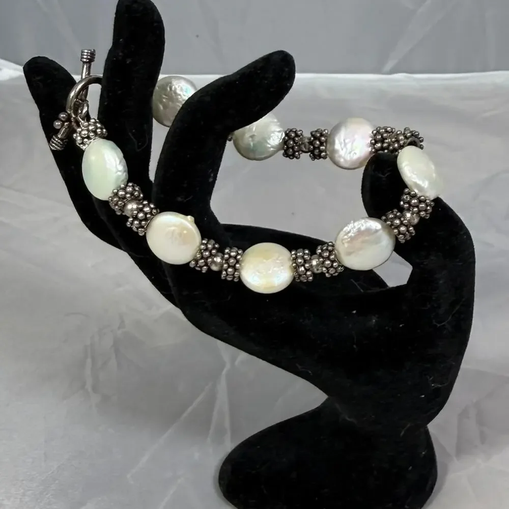 Freshwater Pearl Bracelet Coin Pearls Silver Tone Spacers Toggle